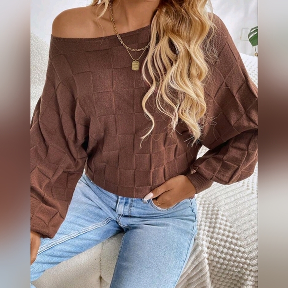 New Textured Basket Weave Knit Dolman Sleeve Sweater Top Brown - Picture 6 of 8